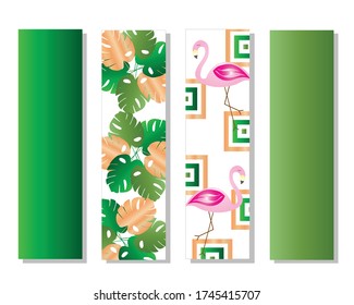Vier Bookmarks Vektorset mit Flamingos und Blättern - grünes Blumenthema