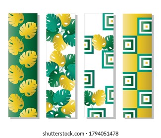 four bookmarks vector set with tropical leaves in green and yellow colors - floral green theme