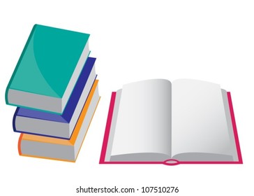 four books of different colors. The three closed and one opened.