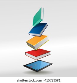 Four Books. Stack of multi colored books. vector illustration. Soaring book readers and tablets