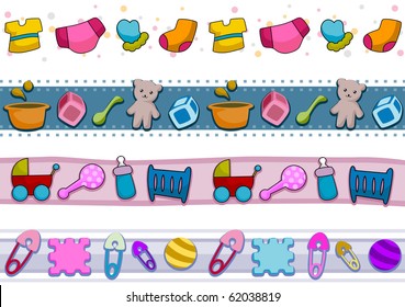 Four Border Designs Featuring Baby Things - Vector