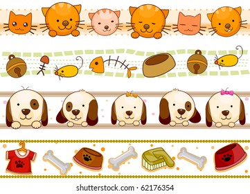 Four Border Designs of Pets and Other Related Items - Vector