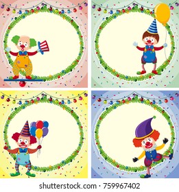 Four border templates with happy clowns and lights illustration