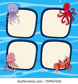 Four border templates with sea animals in ocean illustration
