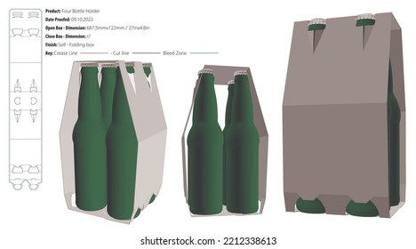 Four bottle holder top handles packaging design template selflock die cut - vector svg