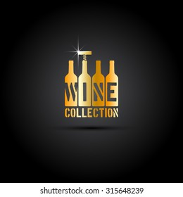 Four bottles and corkscrew in gold. Template for stamp, label, emblem  Vector illustration.