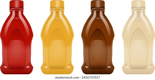 Four bottles with different colored condiments