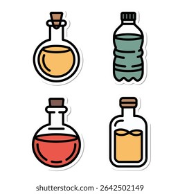 Four bottles with different liquids isolated on white background