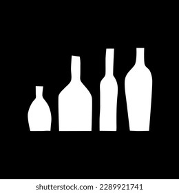 Four bottles of different sizes. Vector. White on a black background. Items for bar, restaurant, cafe. Holiday, alcohol, menu, wine list, wine, vodka, cognac, cocktail. Eps10