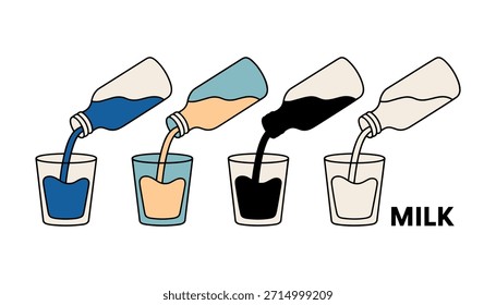 Cuatro botellas que vierten líquidos de diferentes colores en vasos con la palabra leche M I L K