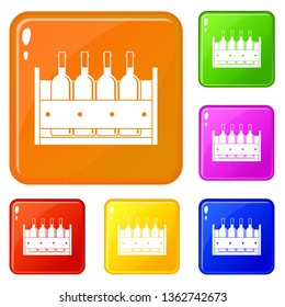 Four bottles of wine in a wooden box icons set collection vector 6 color isolated on white background