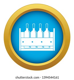 Four bottles of wine in a wooden box icon blue vector isolated on white background for any design