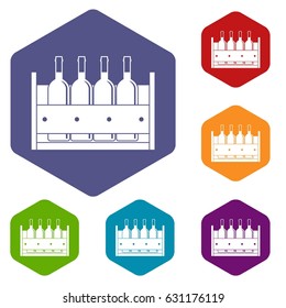 Four bottles of wine in a wooden box icons set hexagon isolated vector illustration