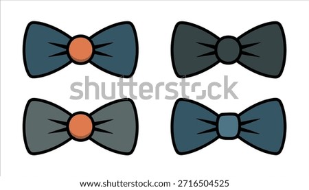 Four bow ties in blue grey and charcoal colors with orange centers necktie formal wear