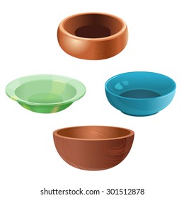 Four bowls in the white background / There are four bowl made of a different substance