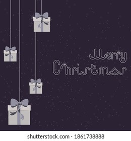 Four boxes with bows hanging up on long rope for Christmas holiday on dark background