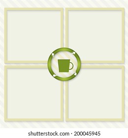 four boxes for entering text with arrows and cup of coffee