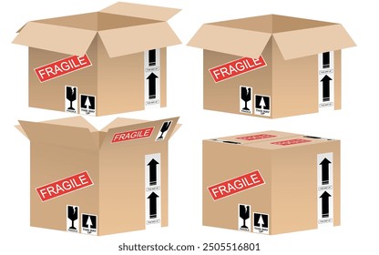 Four boxes with fragile items marked in various positions.