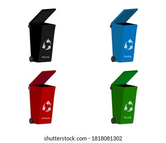 four boxes for rubbish of different colors on a white background