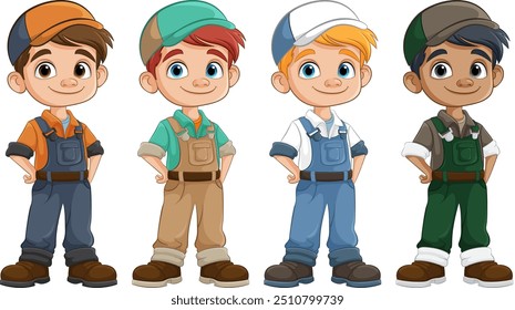 Quatro meninos em macacão colorido de pé juntos