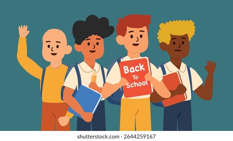 Four boys of different backgrounds smiling and holding back to school books