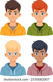 Four boys with different hair colors and hoodies