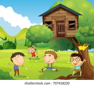 Four boys playing in treehouse  illustration