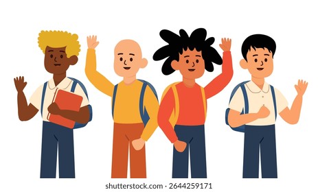 Four boys smiling and waving ready to return to their school environment