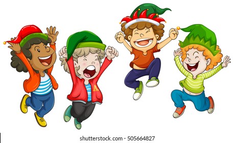 Four boys wearing christmas hats illustration