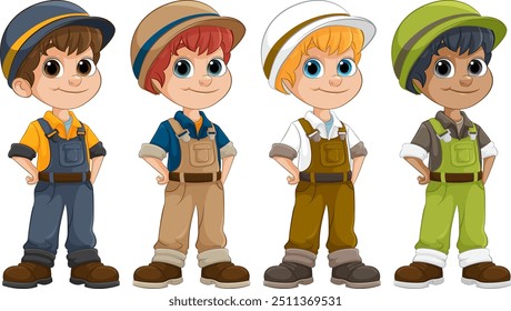 Four boys wearing colorful hats and overalls
