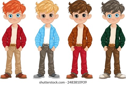 Four boys wearing colorful shirts and pants
