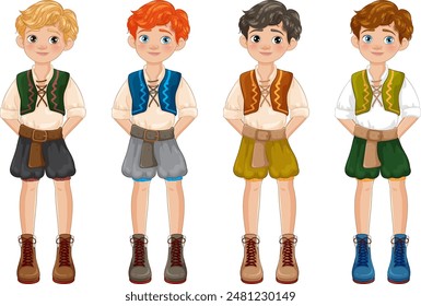 Four boys wearing colorful traditional outfits