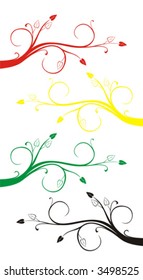 four branches with foliage: in black, red, yellow and green color on a white background.