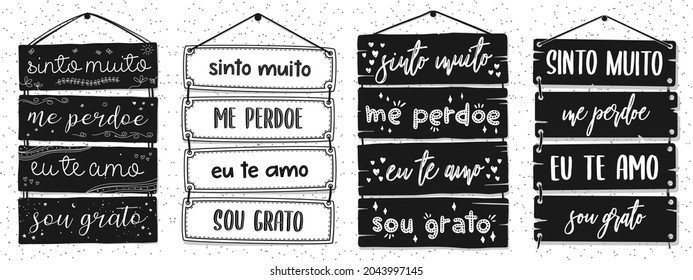 Four Brazilian Portuguese Pallet Lettering. Translation: "I am really sorry" "Forgive me" "I love you" "I'm grateful"