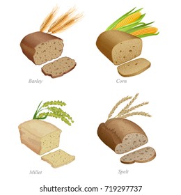 Four breads with slices and cereal ears. Part two / There are barley, corn, millet and spelt bread and ears
