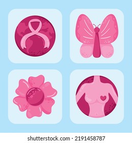 four breast cancer awareness set icons