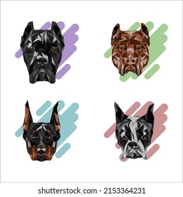 Four breeds of dogs in cubist style. German boxer, doberman, cane carso and pit bull
