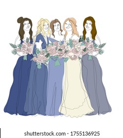 Four bridesmaids in gradient dark blue gowns   bride in wedding dress   veil and pink rose bouquets wedding invitation card vector design