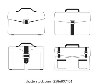 Four briefcases for professionals black and white 2D line objects set. Business accessories. Workplace essentials isolated clip arts vector outline items collection. Monochrome spot illustrations