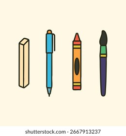 Four bright art instruments standing upright on a neutral background with simple shading and outlines.