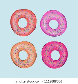 Four bright beautiful tasty yummy colorful sweet delicious donuts pattern with glaze on blue background vector illustration. Perfect for textile, wallpapers, backgrounds