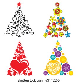 four bright christmas trees on white background