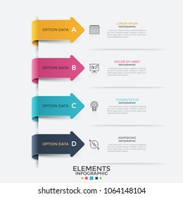 Cuatro flechas de colores vivos apuntando a pictogramas lineales y cuadros de texto dispuestos en la lista. Concepto de 4 etapas sucesivas de desarrollo empresarial. Plantilla de diseño gráfico. Ilustración vectorial.