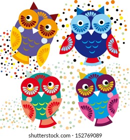 Four bright colorful owls. Vector set