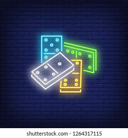 Four bright dominoes tiles neon sign. Board game and recreation design element. Night bright neon sign, colorful billboard, light banner. Vector illustration in neon style.