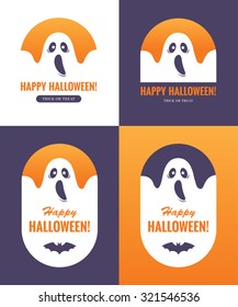 Four bright graphic emblems with spooky ghost and bat icon for Halloween greeting card, banner or poster design.