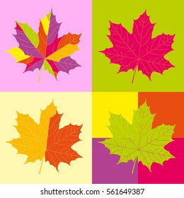 Four bright maple leaves on colorful background for your design