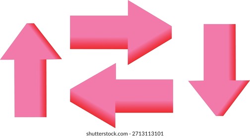 Four bright pink 3d arrows pointing up down left and right illustrating direction and movement.	