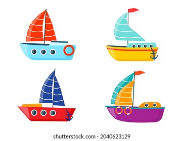 Four bright sailboats, a boat with an anchor and a lifebuoy. Vector svg