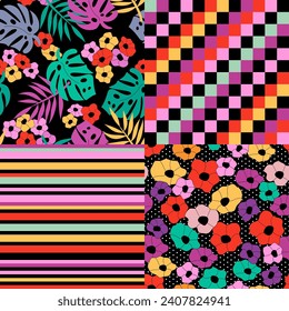 Four bright seamless patterns created in colors and shapes that complement each other. Stripes, checks and flowers in African, Asian, Indian palette. For fabric, packing, cover, gift paper. Vector.